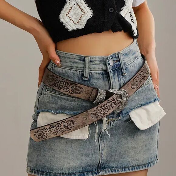 WESTERN VINTAGE GREY BELT & METAL BUCKLE & EMBOSSED - Picture 1 of 3